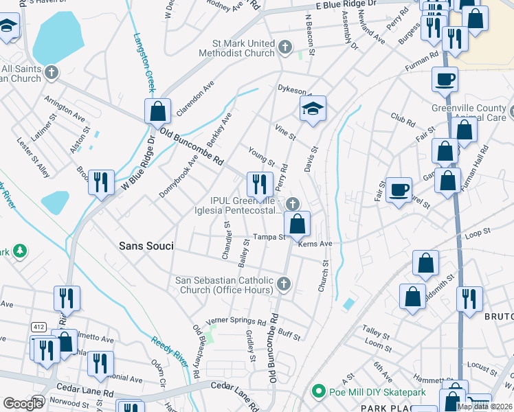 map of restaurants, bars, coffee shops, grocery stores, and more near 10 Gridley Street in Greenville