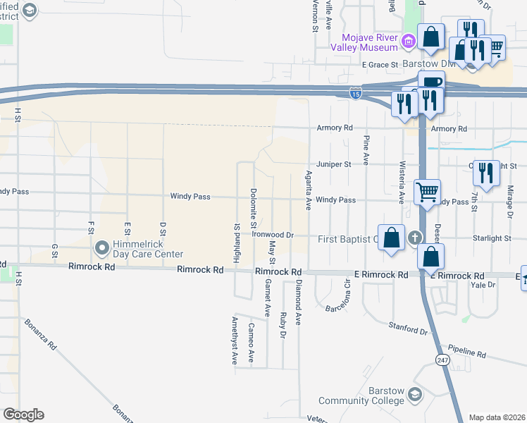 map of restaurants, bars, coffee shops, grocery stores, and more near 34639 Dolomite Street in Barstow