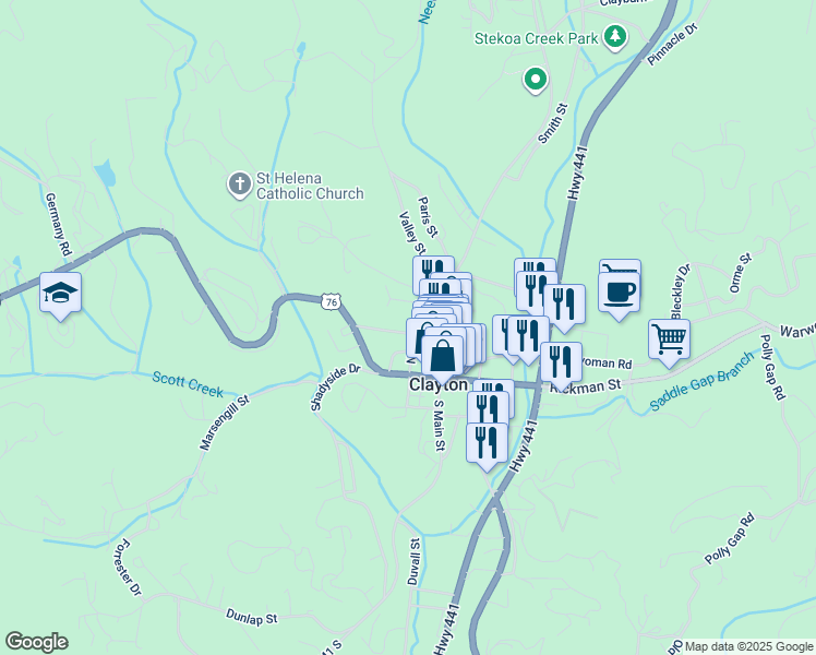 map of restaurants, bars, coffee shops, grocery stores, and more near 99 North Church Street in Clayton