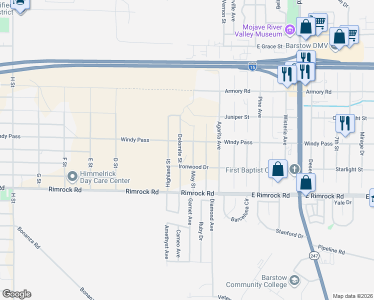 map of restaurants, bars, coffee shops, grocery stores, and more near 34639 Dolomite Street in Barstow