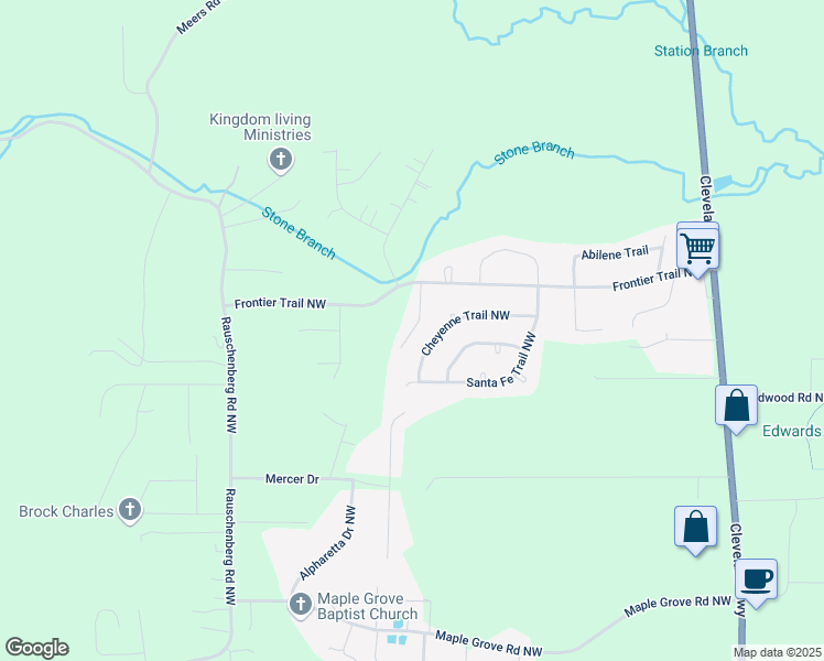 map of restaurants, bars, coffee shops, grocery stores, and more near 246 Cheyenne Trail Northwest in Dalton