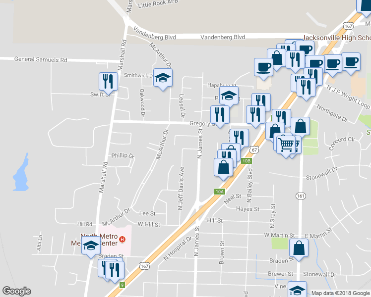map of restaurants, bars, coffee shops, grocery stores, and more near 1001 Harvey Street in Jacksonville