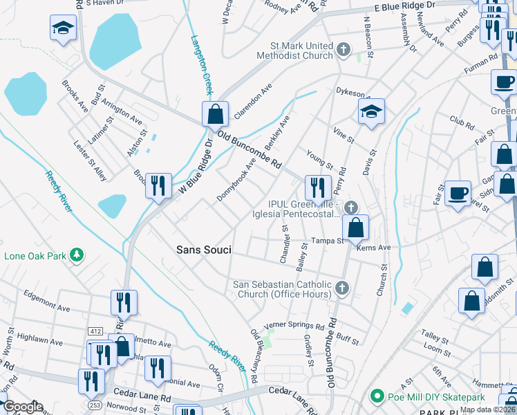 map of restaurants, bars, coffee shops, grocery stores, and more near 109 South Franklin Road in Greenville