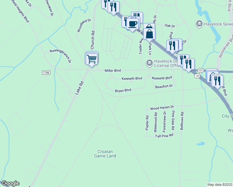 map of restaurants, bars, coffee shops, grocery stores, and more near 141 Bryan Boulevard in Havelock