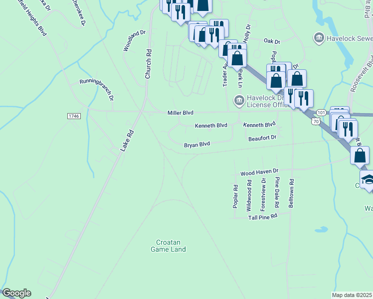map of restaurants, bars, coffee shops, grocery stores, and more near 141 Bryan Boulevard in Havelock