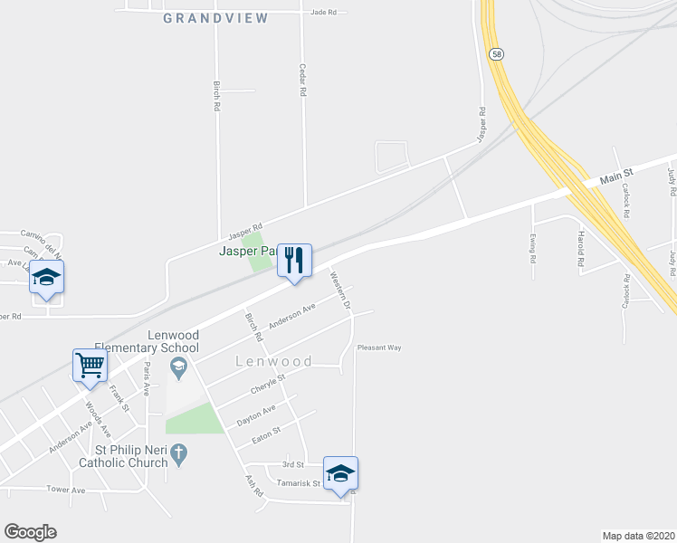 map of restaurants, bars, coffee shops, grocery stores, and more near 25647 Main Street in Barstow