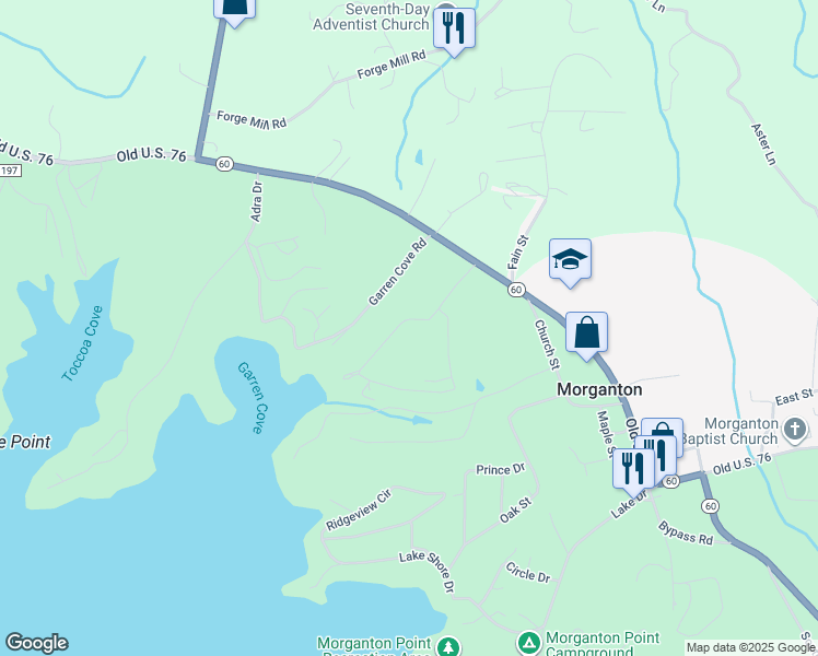 map of restaurants, bars, coffee shops, grocery stores, and more near 175 Lakeview Circle in Morganton