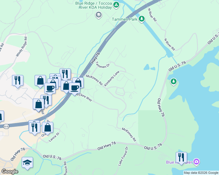 map of restaurants, bars, coffee shops, grocery stores, and more near 1 McKinney Road in Blue Ridge