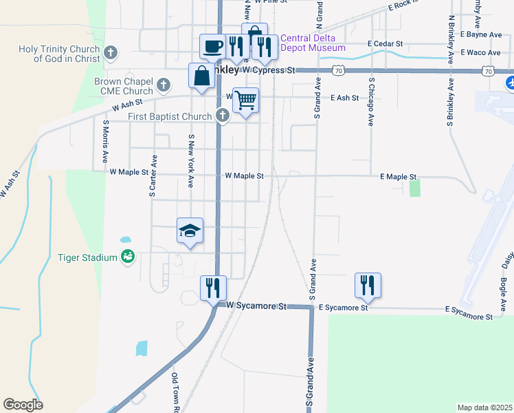 map of restaurants, bars, coffee shops, grocery stores, and more near 615 South New Orleans Avenue in Brinkley