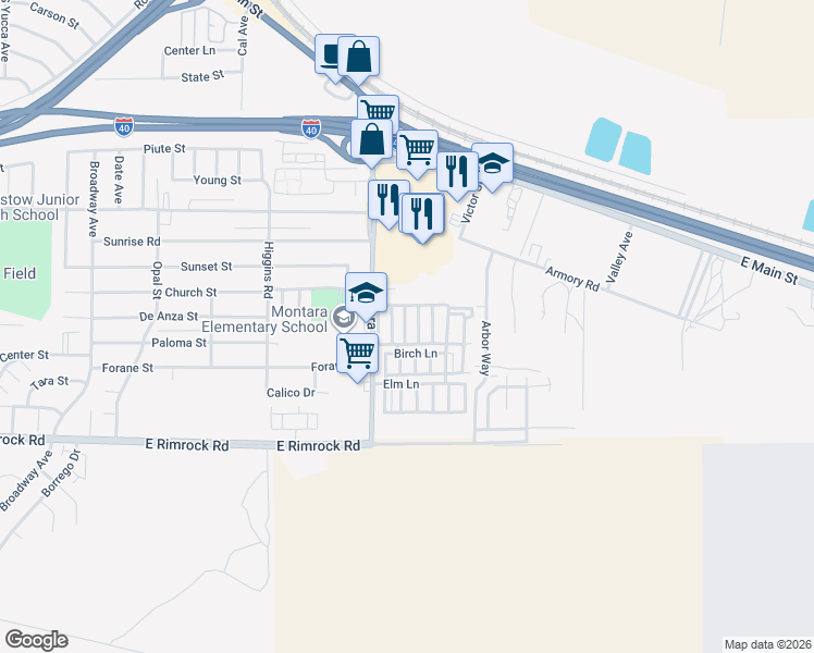 map of restaurants, bars, coffee shops, grocery stores, and more near Birch Lane in Barstow