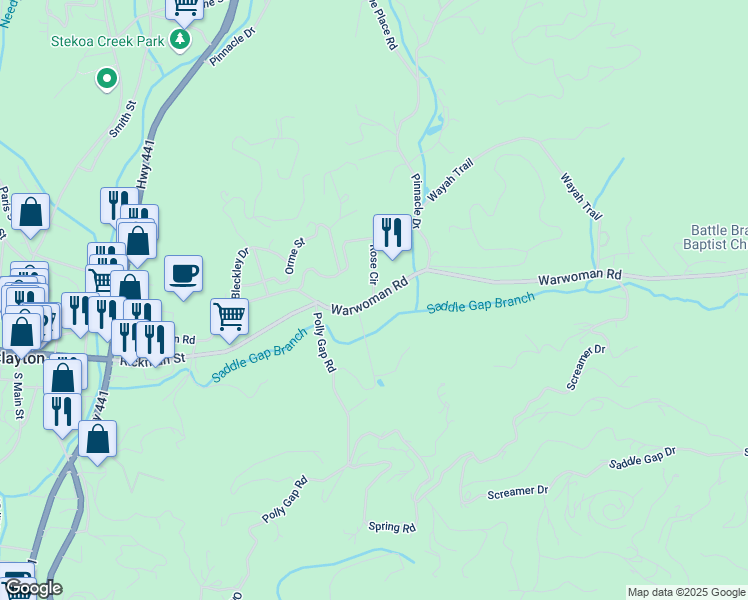 map of restaurants, bars, coffee shops, grocery stores, and more near 700 Warwoman Road in Clayton