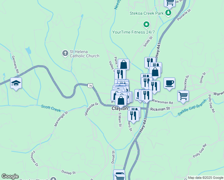 map of restaurants, bars, coffee shops, grocery stores, and more near 99 North Church Street in Clayton