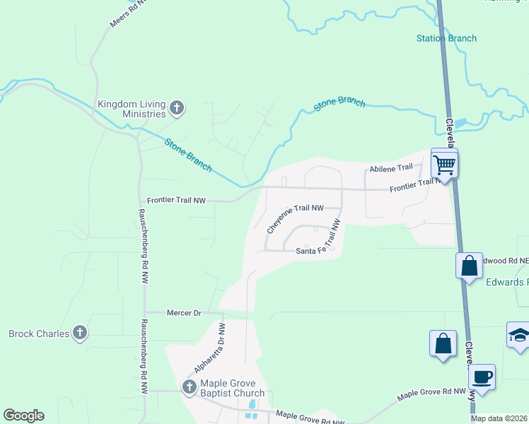 map of restaurants, bars, coffee shops, grocery stores, and more near 410 Cattleman Drive Northeast in Dalton