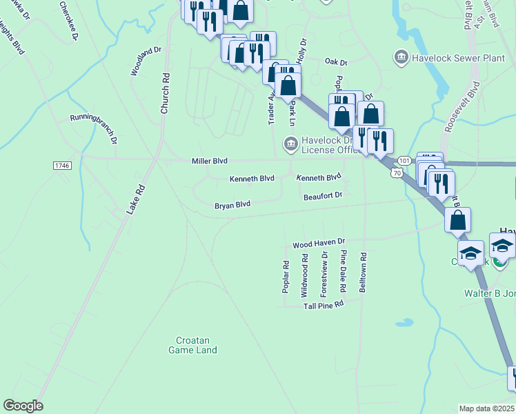 map of restaurants, bars, coffee shops, grocery stores, and more near 121 Bryan Boulevard in Havelock