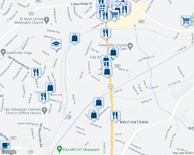 map of restaurants, bars, coffee shops, grocery stores, and more near 29 Sidney Street in Greenville