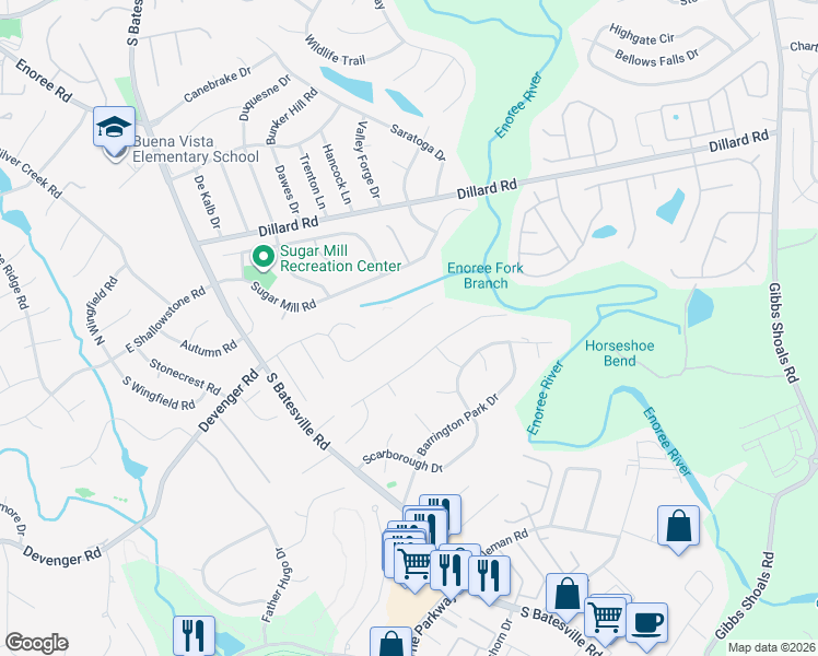map of restaurants, bars, coffee shops, grocery stores, and more near 342 Ascot Ridge Lane in Greer