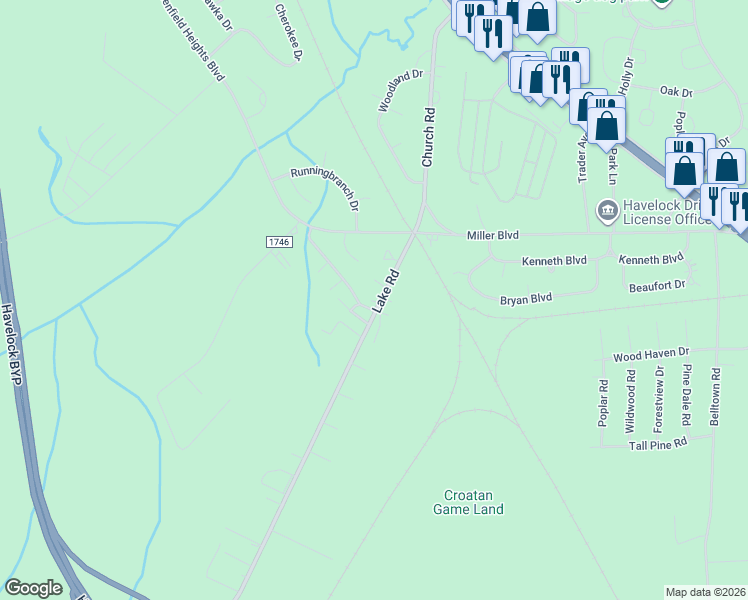 map of restaurants, bars, coffee shops, grocery stores, and more near 28 Mustang Court in Havelock