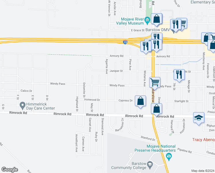 map of restaurants, bars, coffee shops, grocery stores, and more near Windy Pass in Barstow