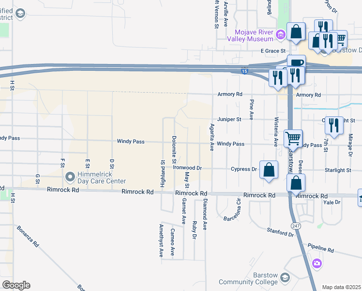 map of restaurants, bars, coffee shops, grocery stores, and more near 28742 Windy Pass in Barstow
