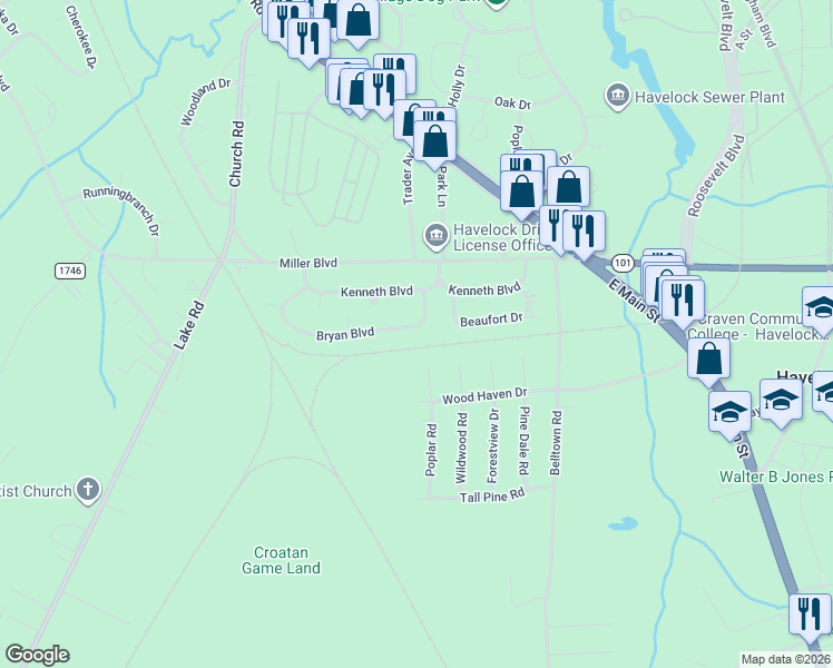 map of restaurants, bars, coffee shops, grocery stores, and more near 111 Bryan Boulevard in Havelock