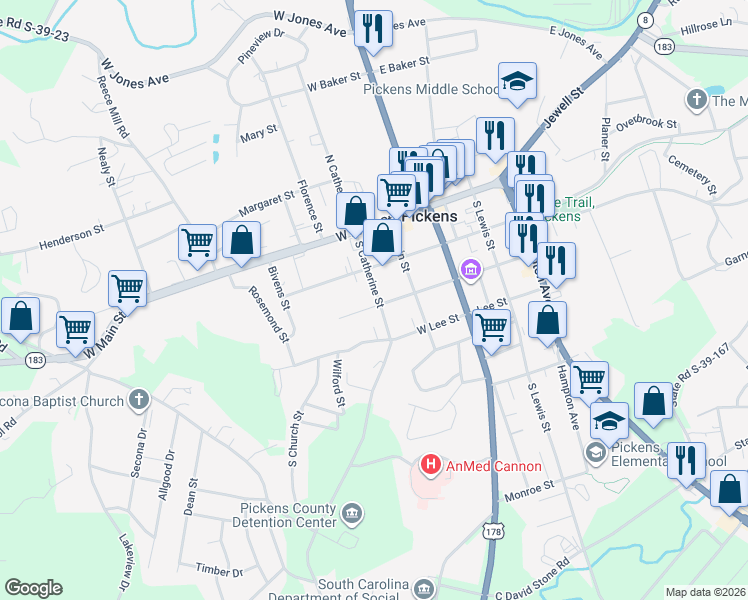 map of restaurants, bars, coffee shops, grocery stores, and more near 309 West Cedar Rock Street in Pickens