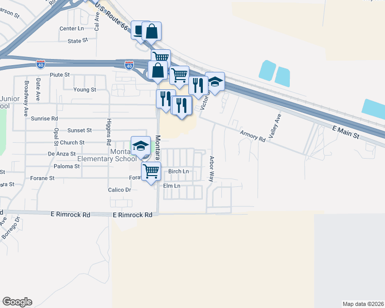 map of restaurants, bars, coffee shops, grocery stores, and more near 2065 Aurora Way in Barstow