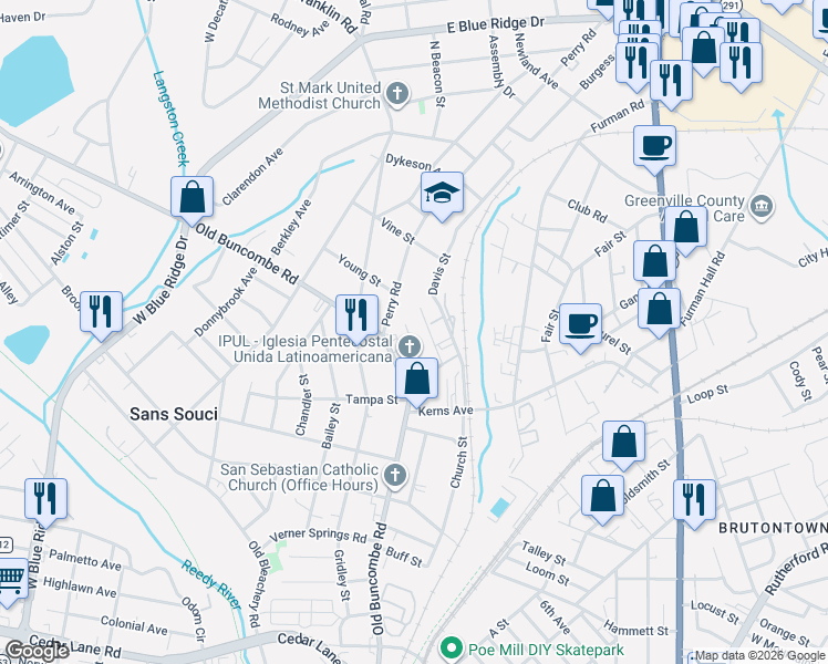 map of restaurants, bars, coffee shops, grocery stores, and more near 23 Glass Street in Greenville