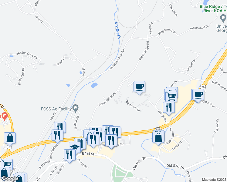 map of restaurants, bars, coffee shops, grocery stores, and more near 508 Windy Ridge Road in Blue Ridge