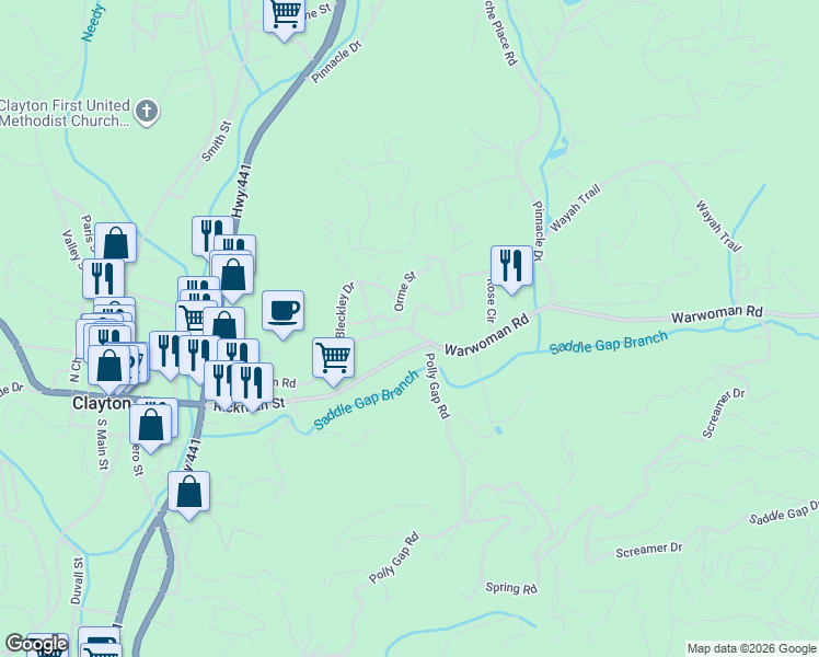 map of restaurants, bars, coffee shops, grocery stores, and more near 398 Rose Circle in Clayton