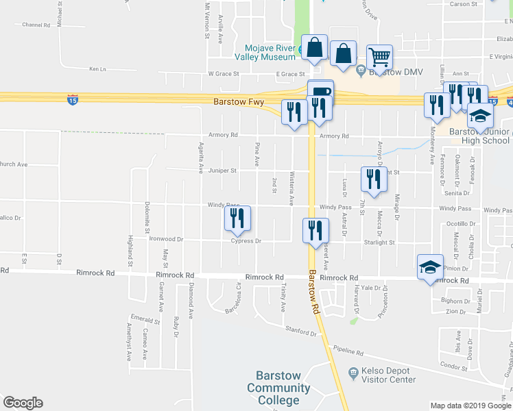 map of restaurants, bars, coffee shops, grocery stores, and more near Windy Pass & Pine Ave in Barstow