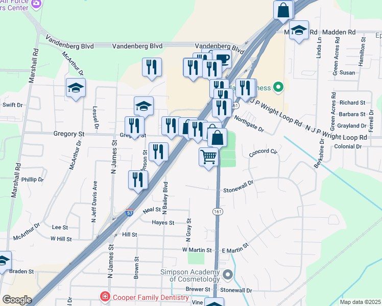 map of restaurants, bars, coffee shops, grocery stores, and more near 1309 T P White Drive in Jacksonville