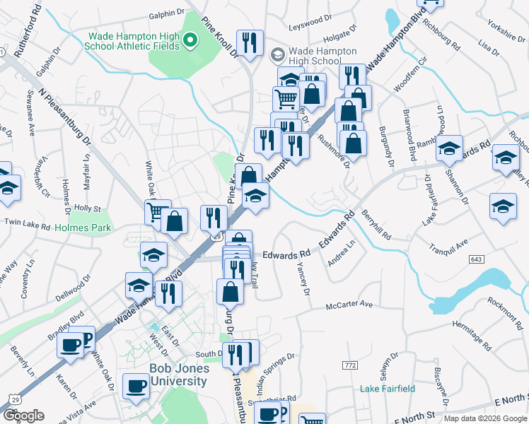 map of restaurants, bars, coffee shops, grocery stores, and more near 2000 Wade Hampton Boulevard in Greenville