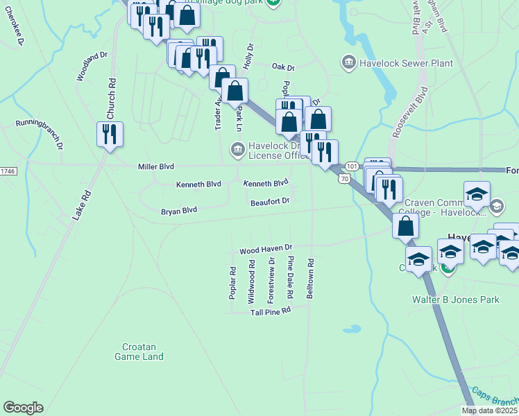 map of restaurants, bars, coffee shops, grocery stores, and more near 127 Beaufort Drive in Havelock