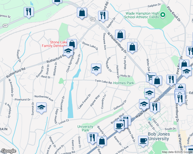map of restaurants, bars, coffee shops, grocery stores, and more near 125 Twin Lake Road in Greenville