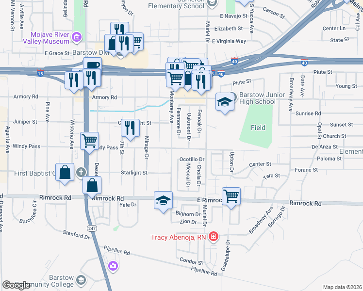 map of restaurants, bars, coffee shops, grocery stores, and more near 460 Fenmore Drive in Barstow