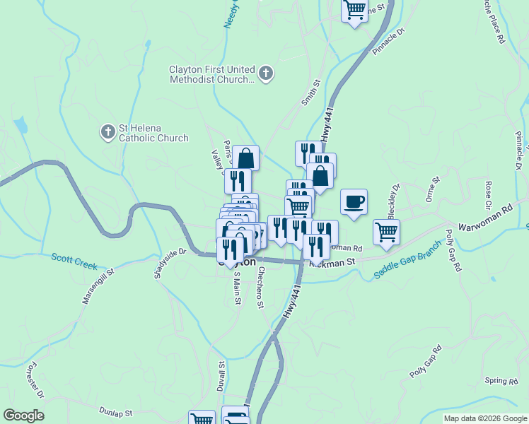 map of restaurants, bars, coffee shops, grocery stores, and more near 194 North Main Street in Clayton
