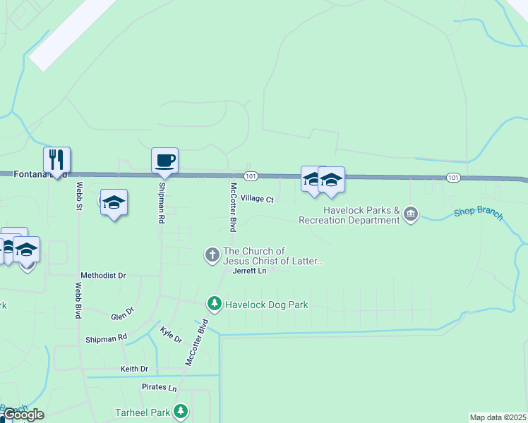map of restaurants, bars, coffee shops, grocery stores, and more near 121 Gooding Drive in Havelock
