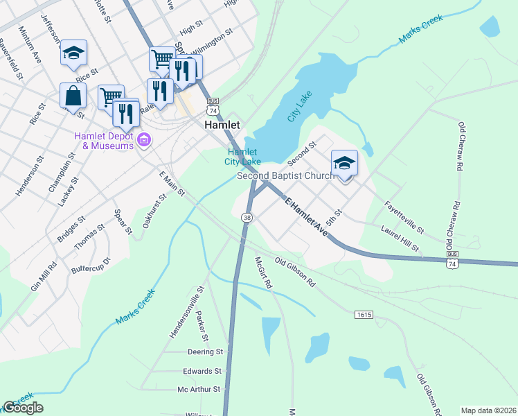 map of restaurants, bars, coffee shops, grocery stores, and more near 205 3rd Street in Hamlet