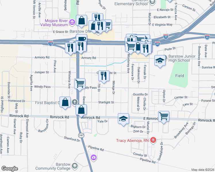 map of restaurants, bars, coffee shops, grocery stores, and more near 711 Windy Pass in Barstow