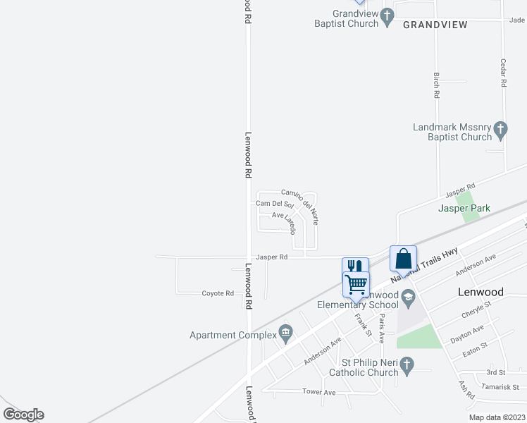 map of restaurants, bars, coffee shops, grocery stores, and more near 24944 Avenue Laredo in Barstow