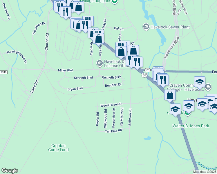 map of restaurants, bars, coffee shops, grocery stores, and more near 127 Beaufort Drive in Havelock
