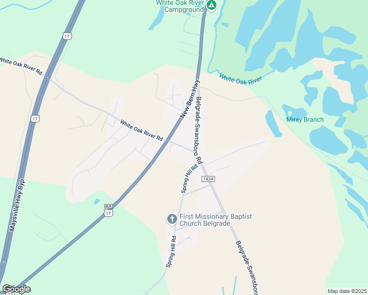 map of restaurants, bars, coffee shops, grocery stores, and more near Belgrade Road in Onslow County