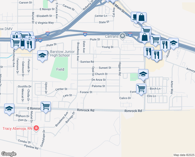 map of restaurants, bars, coffee shops, grocery stores, and more near 1613 De Anza Street in Barstow