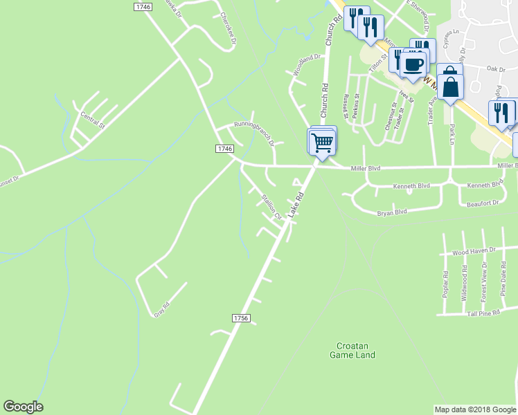 map of restaurants, bars, coffee shops, grocery stores, and more near 313 Comanche Trail in Havelock