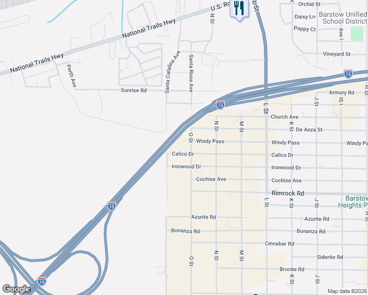 map of restaurants, bars, coffee shops, grocery stores, and more near 34724 O Street in Barstow