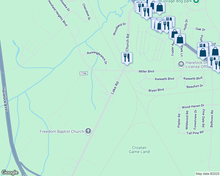 map of restaurants, bars, coffee shops, grocery stores, and more near 28 Mustang Court in Havelock