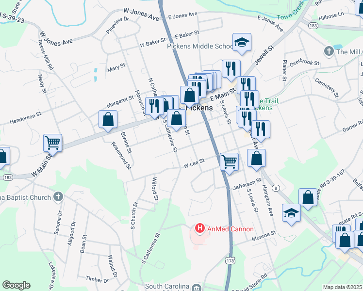 map of restaurants, bars, coffee shops, grocery stores, and more near 312 Garvin Street in Pickens