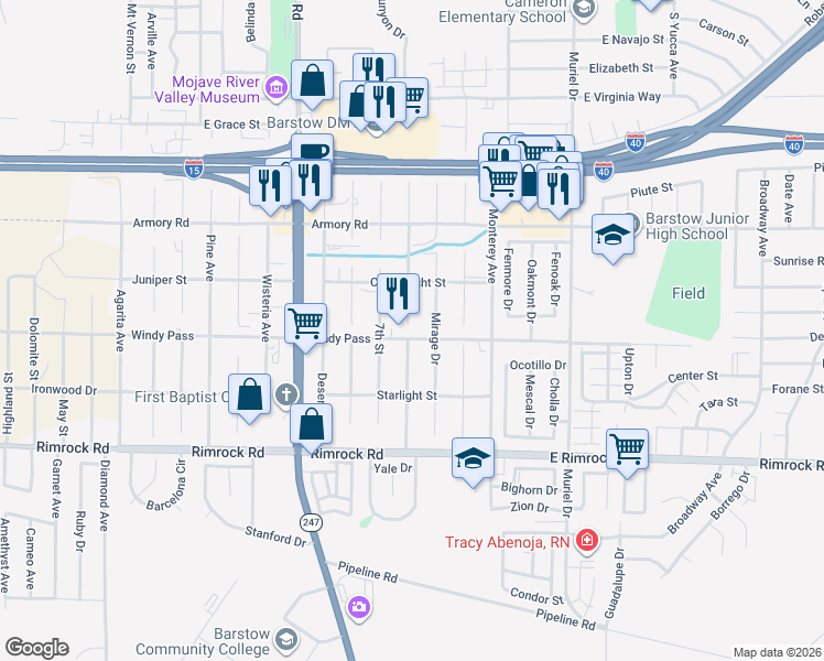map of restaurants, bars, coffee shops, grocery stores, and more near 711 Windy Pass in Barstow