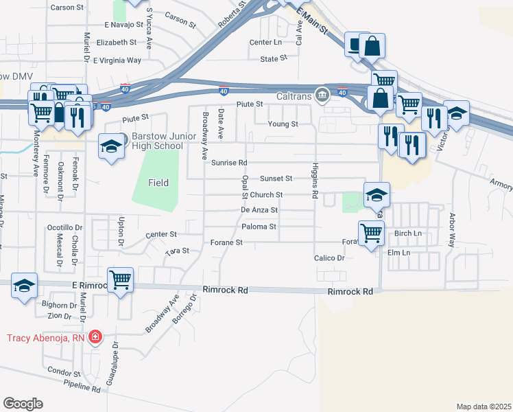 map of restaurants, bars, coffee shops, grocery stores, and more near 1613 De Anza Street in Barstow