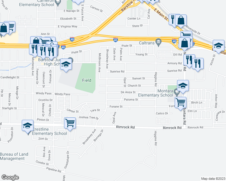 map of restaurants, bars, coffee shops, grocery stores, and more near 1513 De Anza Street in Barstow